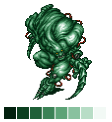 A pixel image of a green monster, with no shift in hue as the color changes brightness.